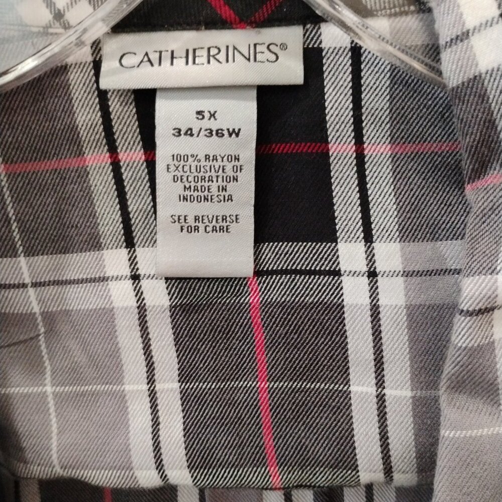 Catherines Black/Gray Plaid Button Shirt Rayon-Adjustable Sleeve-5X-Cabincore - Picture 2 of 5